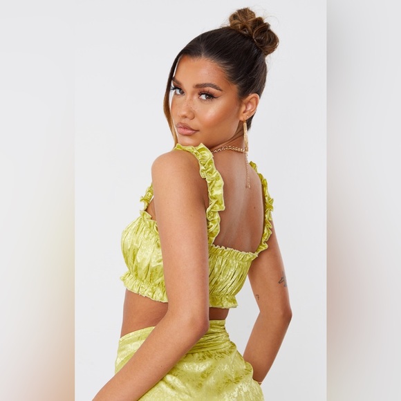 PRETTY LITTLE THING Lime Green Satin Frill Hem Crop Top & Tie Waist Wrap Skirt - Picture 3 of 14
